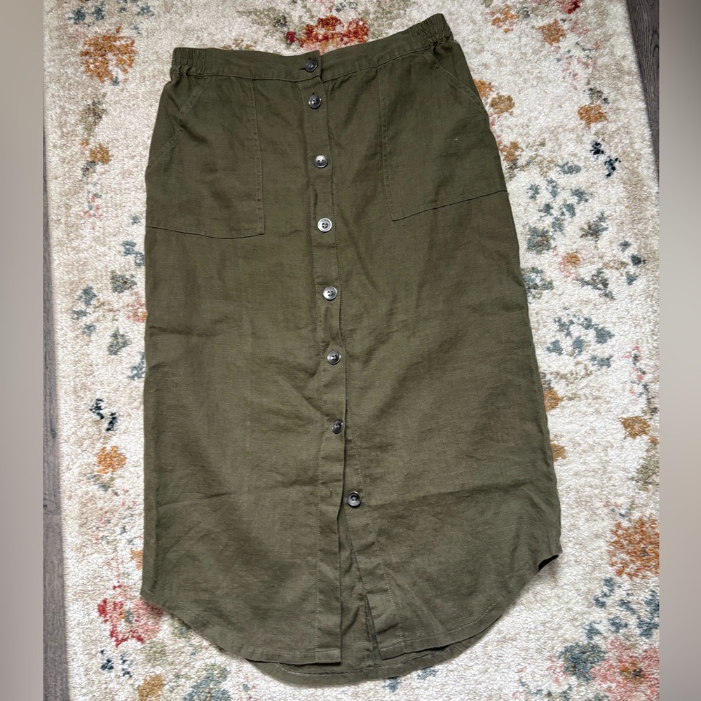 Orvis 100% Linen Olive Button-Down Midi Skirt